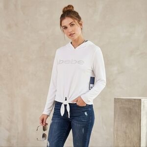 Bebe Hoodie White Tie-Front Women's Rhinestone Logo Hoodie  Size XL